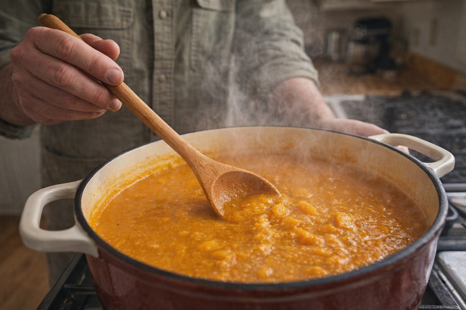 An eye-level shot of butternut squash soup simmering in a dutch oven on a stovetop, steam rising, with a wooden spoon stirring